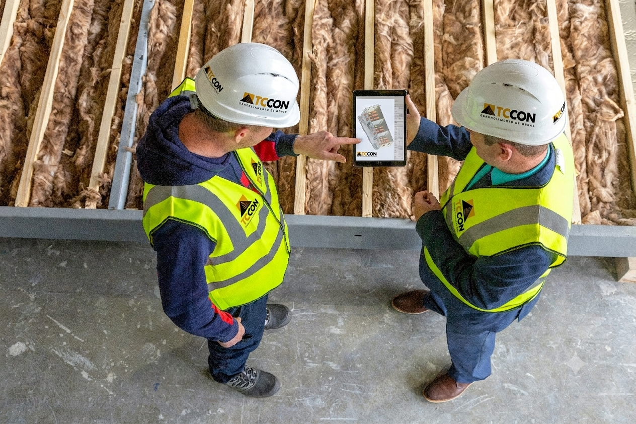 Equipe TCCON acompanhando dados da obra em tablet